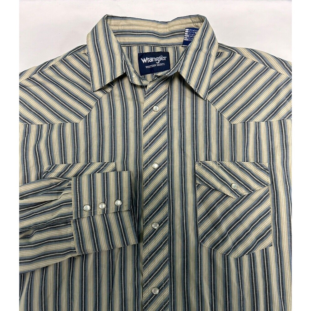 Wrangler Shirt Mens Large Beige Striped Pearl Snap Long Sleeve Cowboy Western
